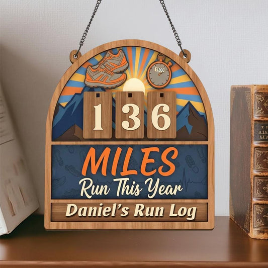 Personalized Running miles tracker sign, yearly mileage tracker, wooden mile counter, runner gift, fitness décor,running log sign