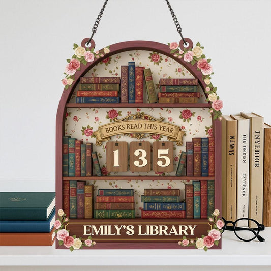 Custom Name Book Read This Year Counter, Cottagecore Book Lover Gift, Vintage Library Bookshelf Decor, Personalized Books Tracker Sign