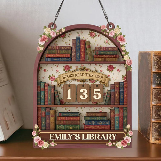 Custom Name Book Read This Year Counter, Cottagecore Book Lover Gift, Vintage Library Bookshelf Decor, Personalized Books Tracker Sign