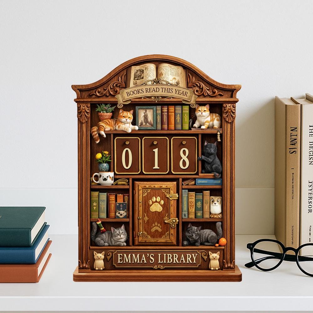 Personalized Books Read Tracker | Cat Library Desk Decor | Cozy Bookshelf Reading Challenge Counter Display | Book Lover Gift | Reader Sign