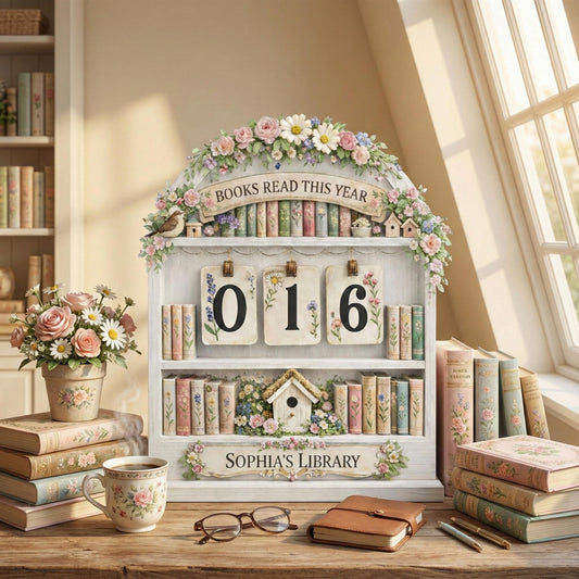 Personalized Books Read Tracker | Floral Cottagecore Library Decor | Reading Challenge Counter Display | Book Lover Shelf Sign | Reader Gift