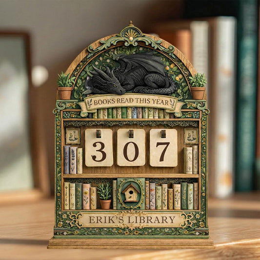 Personalized Books Read Tracker | Green Botanical Dragon Library Decor | Fantasy Reading Challenge Counter Display | Cottagecore Desk Sign