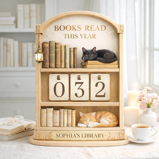 Wooden Books Read Tracker with Cats, Personalized Library Decor