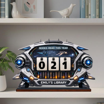 Personalized Book Tracker – Futuristic Library Decor, Reading Counter Display