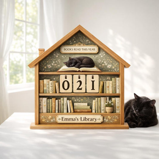 Cozy Cottage Wooden Book Tracker with Cats, Personalized Library Decor