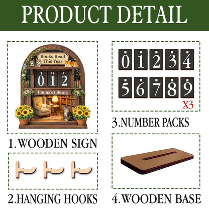 Personalized Wooden Book Tracker, Cozy Library Decor with Cats, Book Lover Gift
