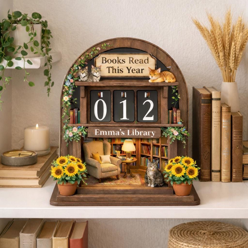 Personalized Wooden Book Tracker, Cozy Library Decor with Cats, Book Lover Gift