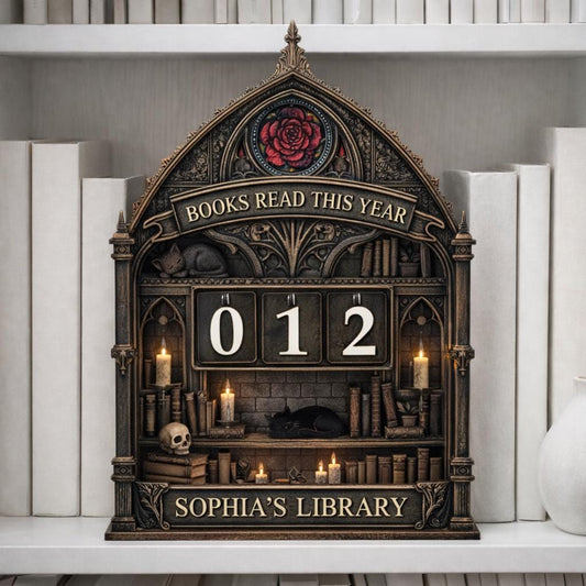 Personalized Wooden Books Read Tracker, Gothic Library Shelf Decor, Custom Name Reading Counter