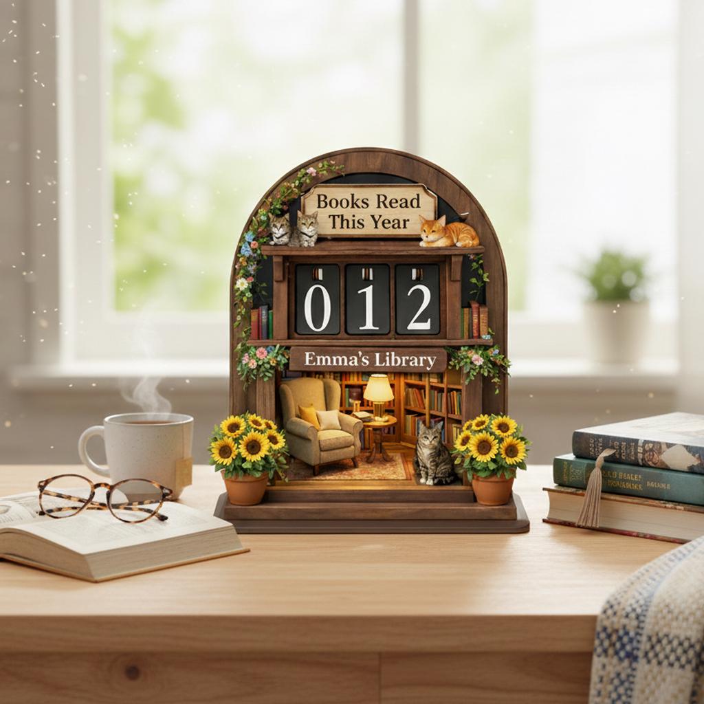 Personalized Wooden Book Tracker, Cozy Library Decor with Cats, Book Lover Gift