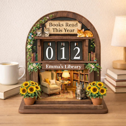 Personalized Wooden Book Tracker, Cozy Library Decor with Cats, Book Lover Gift
