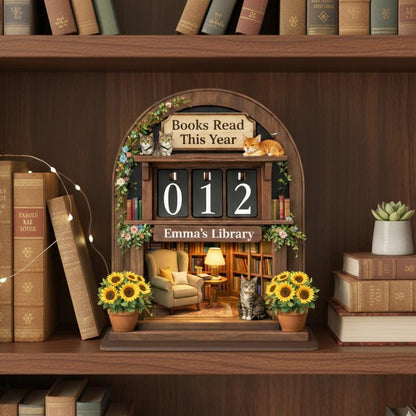 Personalized Wooden Book Tracker, Cozy Library Decor with Cats, Book Lover Gift