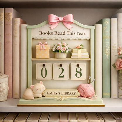 Books Read This Year Wooden Tracker, Personalized Pastel Library Decor with Cat, Custom Name Reading Counter, Cozy Book Lover Gift