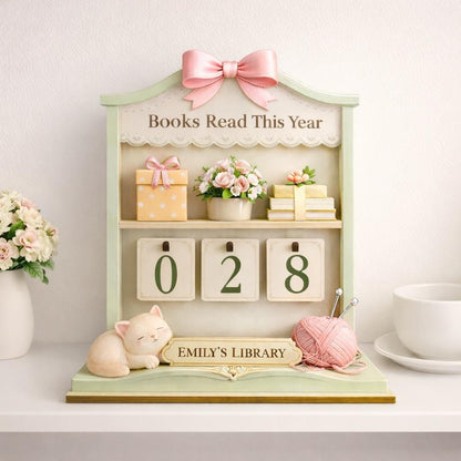 Books Read This Year Wooden Tracker, Personalized Pastel Library Decor with Cat, Custom Name Reading Counter, Cozy Book Lover Gift
