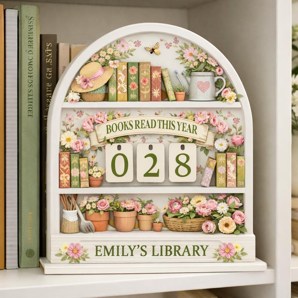 Floral Books Read Tracker, Wooden Library Shelf Decor, Reader Gift