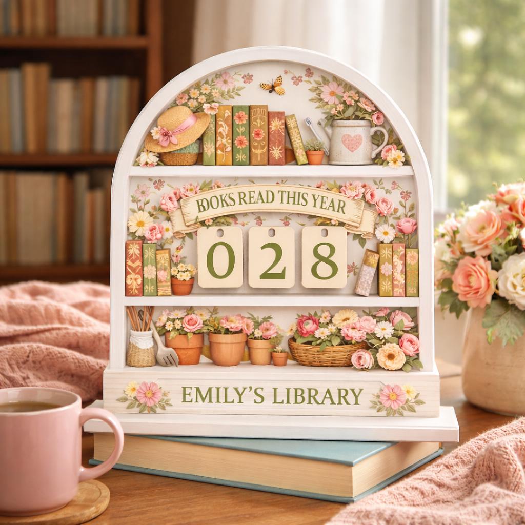 Floral Books Read Tracker, Wooden Library Shelf Decor, Reader Gift