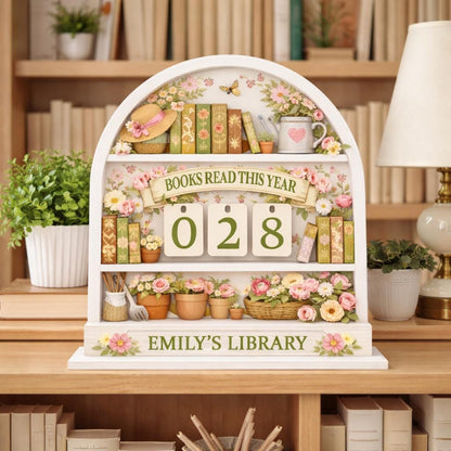 Floral Books Read Tracker, Wooden Library Shelf Decor, Reader Gift