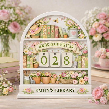 Floral Books Read Tracker, Wooden Library Shelf Decor, Reader Gift
