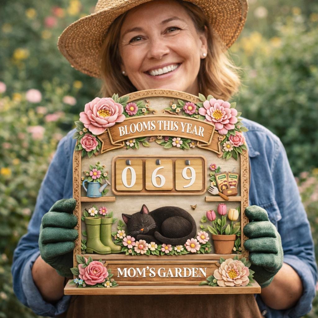 Mom's Garden Bloom Tracker Sign, Wooden Flower Counter Decor