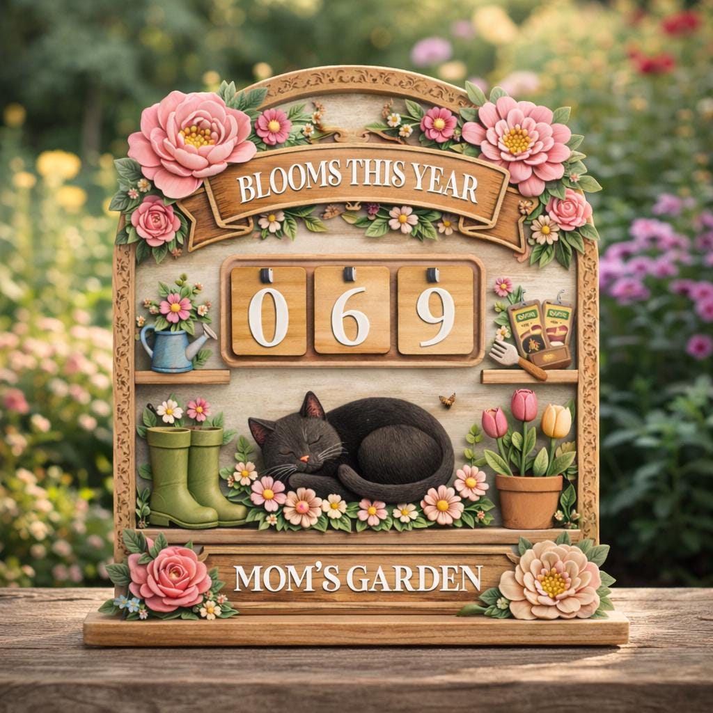 Mom's Garden Bloom Tracker Sign, Wooden Flower Counter Decor