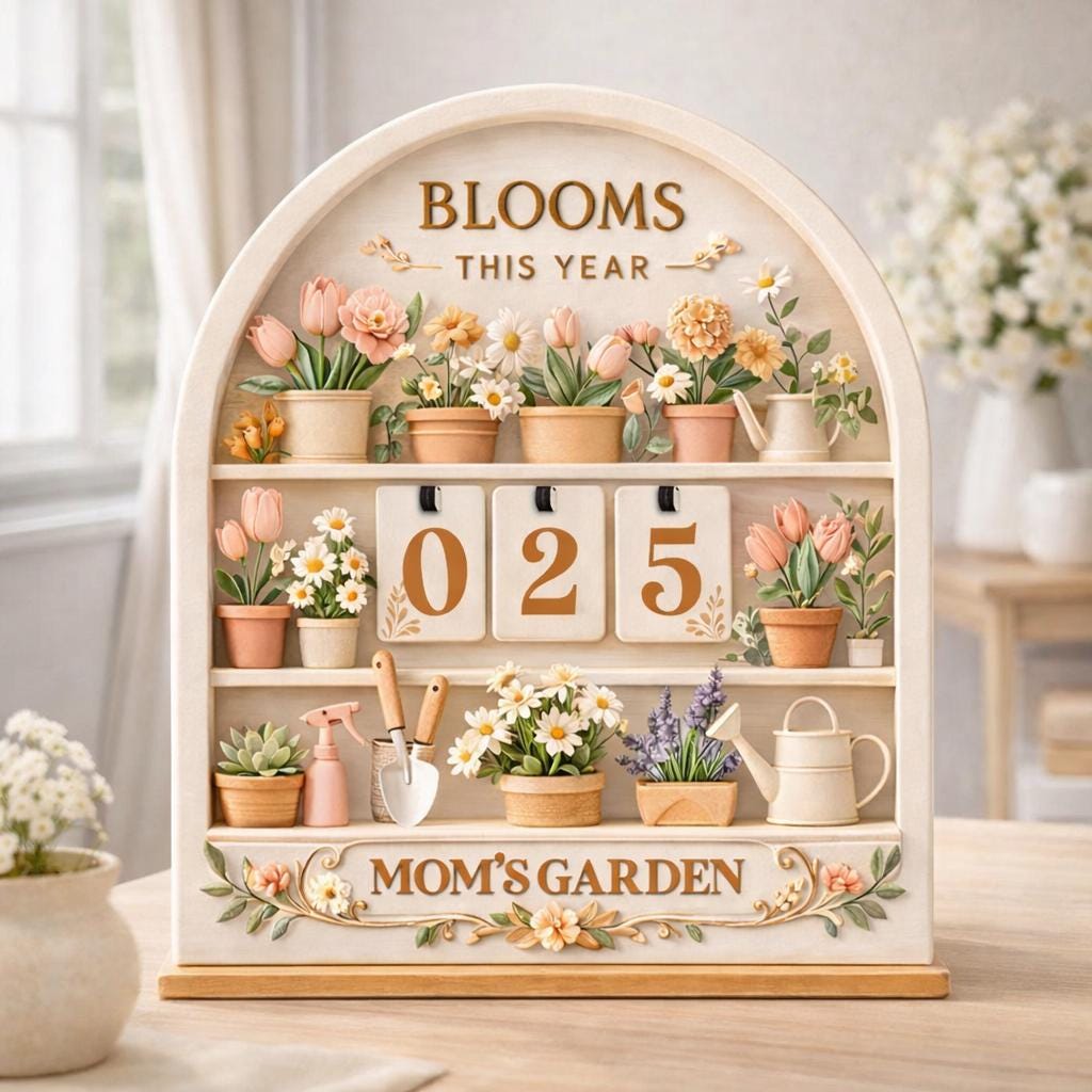 Wooden Blooms This Year Tracker, Mom's Garden Decor, Flippable Number Tiles