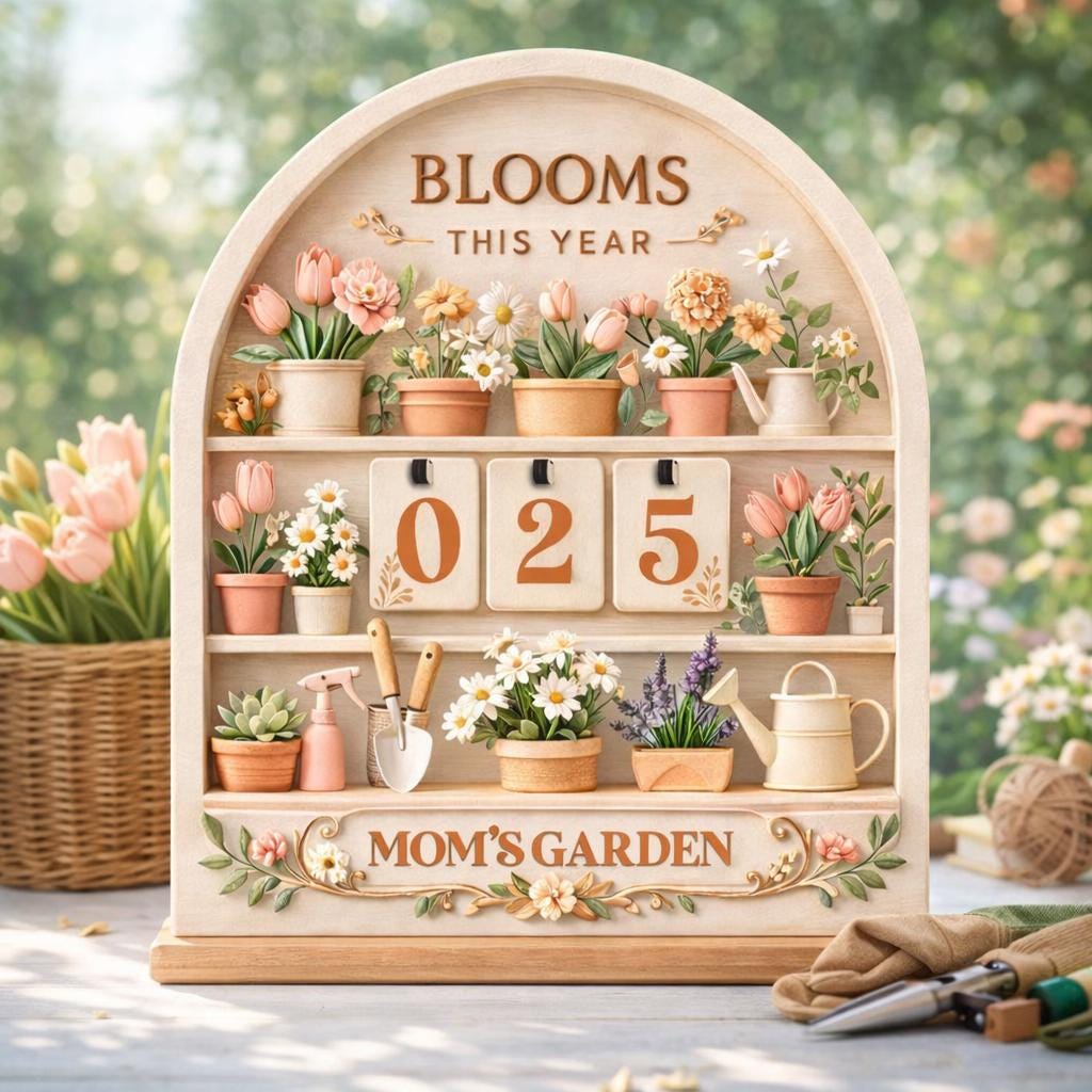 Wooden Blooms This Year Tracker, Mom's Garden Decor, Flippable Number Tiles