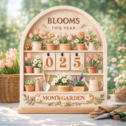 Wooden Blooms This Year Tracker, Mom's Garden Decor, Flippable Number Tiles
