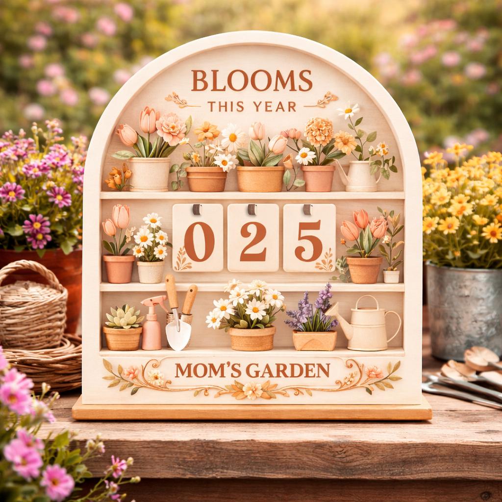 Wooden Blooms This Year Tracker, Mom's Garden Decor, Flippable Number Tiles
