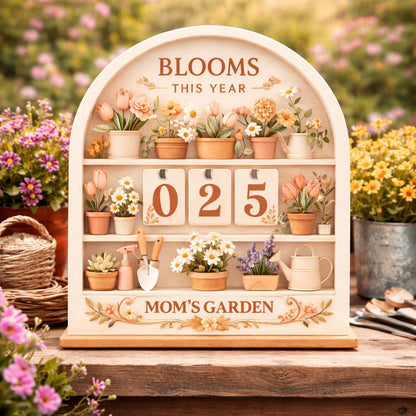 Wooden Blooms This Year Tracker, Mom's Garden Decor, Flippable Number Tiles