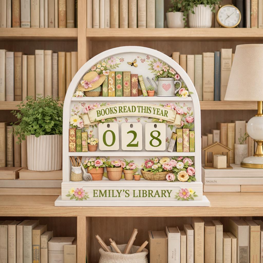 Floral Books Read Tracker, Wooden Library Shelf Decor, Reader Gift