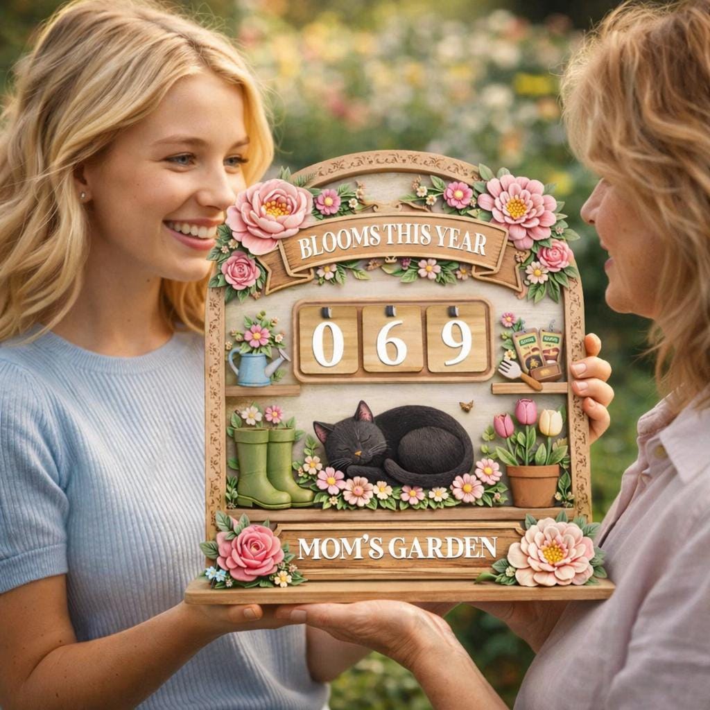 Mom's Garden Bloom Tracker Sign, Wooden Flower Counter Decor