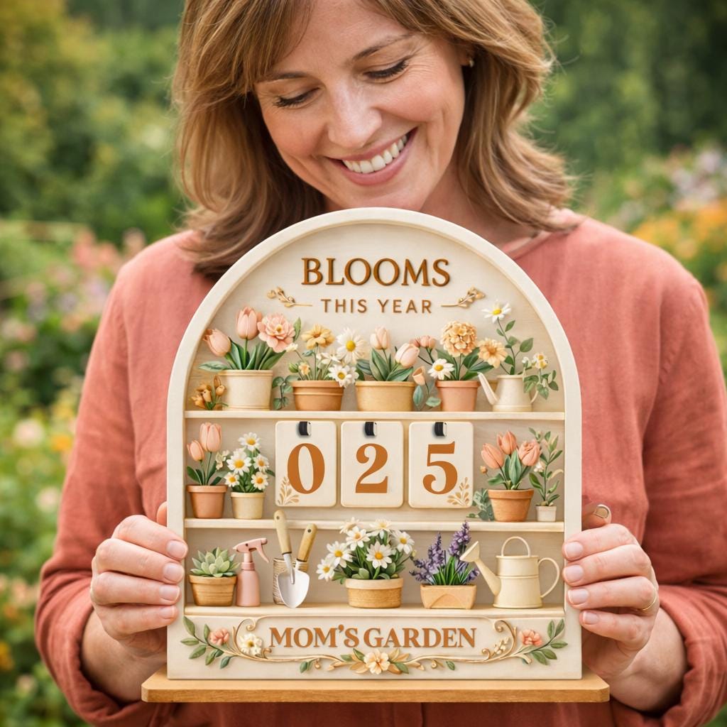 Wooden Blooms This Year Tracker, Mom's Garden Decor, Flippable Number Tiles