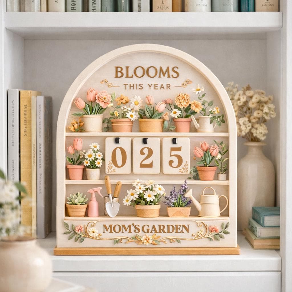 Wooden Blooms This Year Tracker, Mom's Garden Decor, Flippable Number Tiles