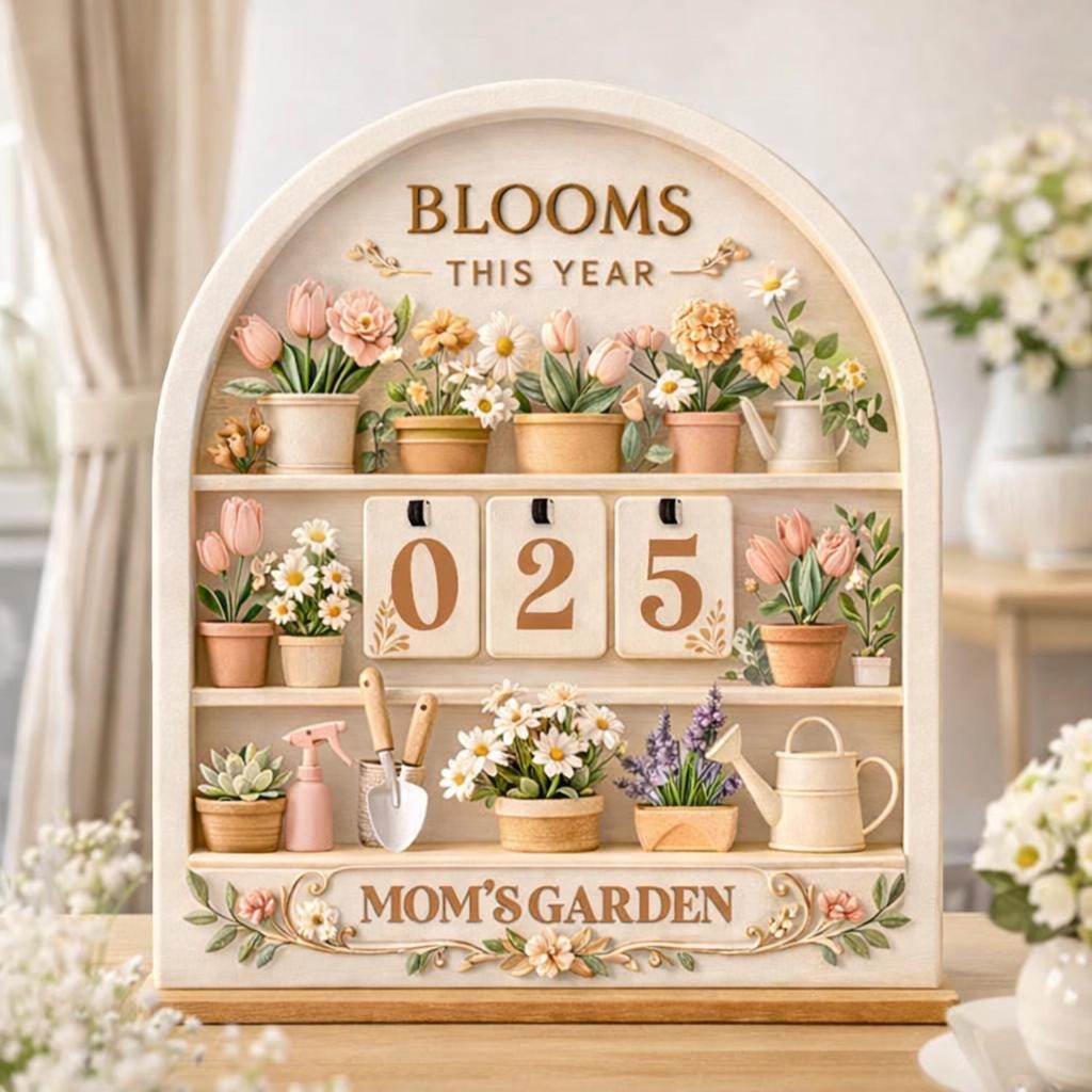 Wooden Blooms This Year Tracker, Mom's Garden Decor, Flippable Number Tiles