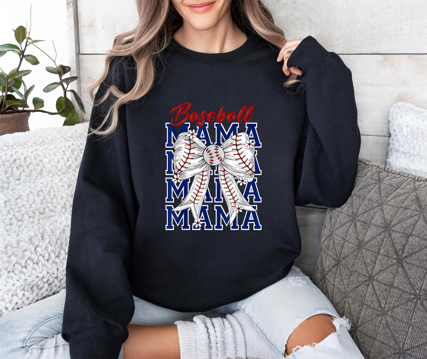 Baseball Mama Bow Sweatshirt, Game Day Baseball Mom,  Mother T-Shirt