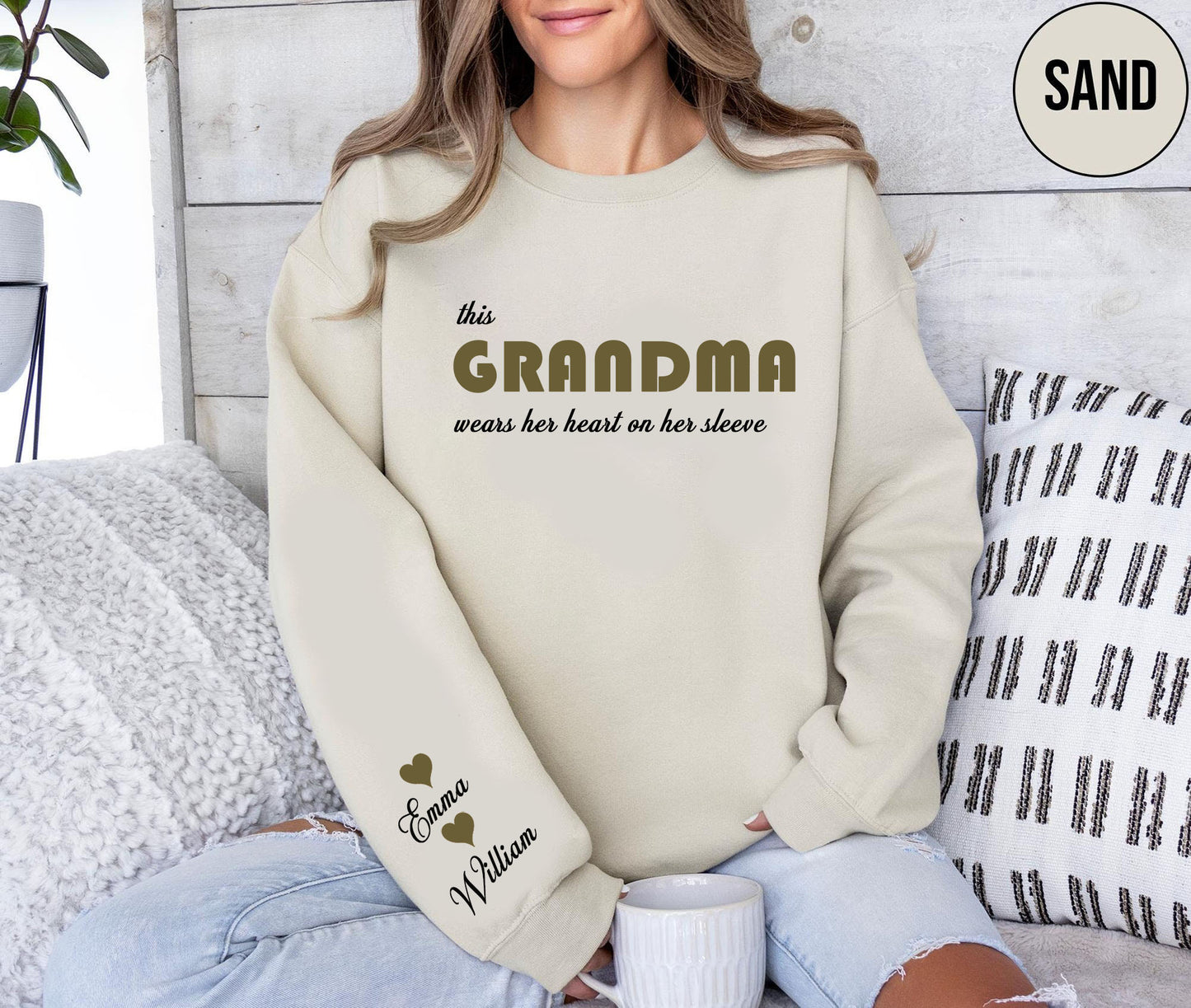 Custom This Grandma Wears Her Heart On Her Sleeve Sweatshirt Crewneck with Names On Sleeve Mommy Heart Hoodie Mother's Day Gift