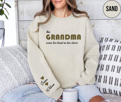 Custom This Grandma Wears Her Heart On Her Sleeve Sweatshirt Crewneck with Names On Sleeve Mommy Heart Hoodie Mother's Day Gift