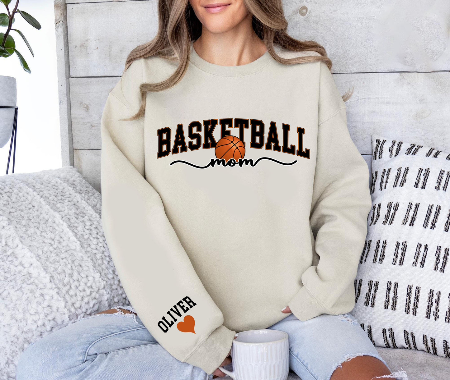 Basketball Mom Kids Name On Sleeve Sweatshirt, Basketball Mom Sweatshirt, Basketball Game Day, Basketball Team Shirt, Mama Basketball Season