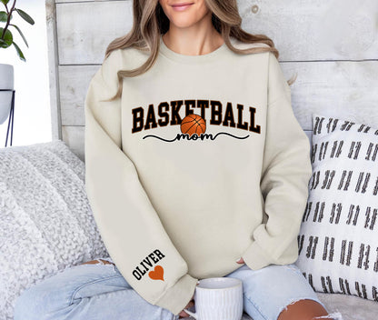 Basketball Mom Kids Name On Sleeve Sweatshirt, Basketball Mom Sweatshirt, Basketball Game Day, Basketball Team Shirt, Mama Basketball Season