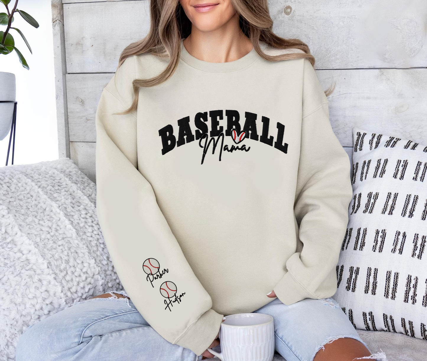 Embroidered Baseball Mom Sweatshirt, Baseball Mama Sweatshirt Name on Sleeve, Custom Embroidered Baseball Mom, Gifts for Mother's Day