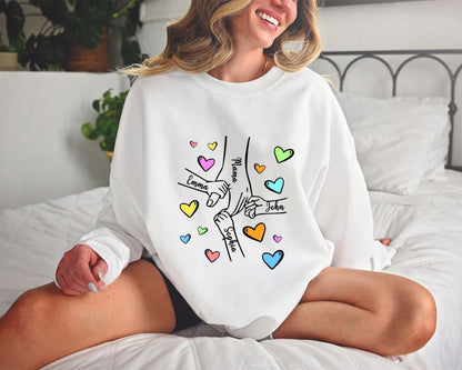 Mama Sweatshirt with Child Name, Mother's hand holding Child's hand shirt, Gift for Mother's Day