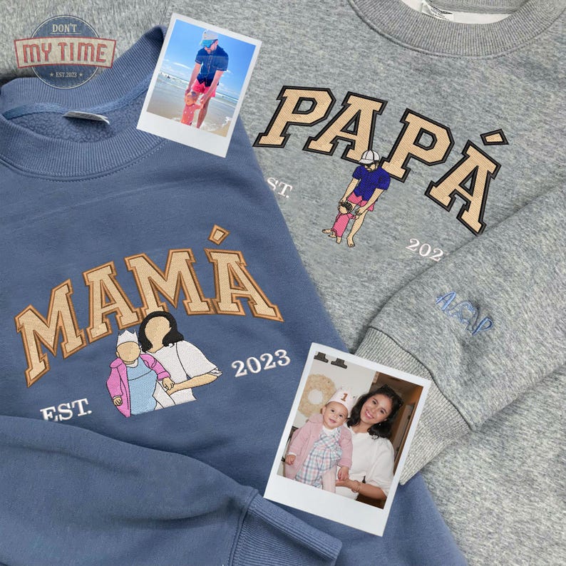 Custom Embroidered Hoodie Mama and DadPortrait, Mama Sweatshirt with Photo, Varsity Shirt, Dad Mom Custom Portrait Sweaters, Dad Mom Gift