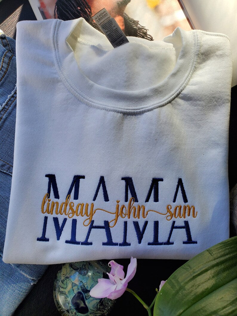 Unisex Embroidered Custom Mama Sweatshirt With Kids Names on the Chest, Personalized Gift for Mom, Nana, Gigi, Mother's Day, Birthday Gift,