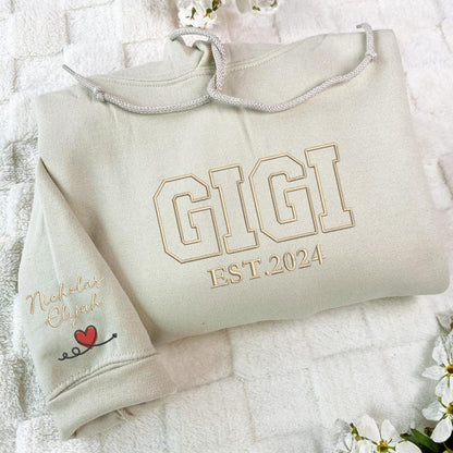 Embroidered Personalized Gigi Sweatshirt, Custom Kid Name On Sleeve, Grandma Embroidered Shirts, Grandma Gifts, Chiristmas Gifts For Grandma