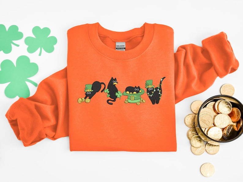 Embroidered Irish Lucky Cats Sweatshirt, Embroidery St Paddys Day Cat Lover Shirt, Lucky Irish Sweater, Cat Shamrocks T-Shirt, Irish Cat Mom
