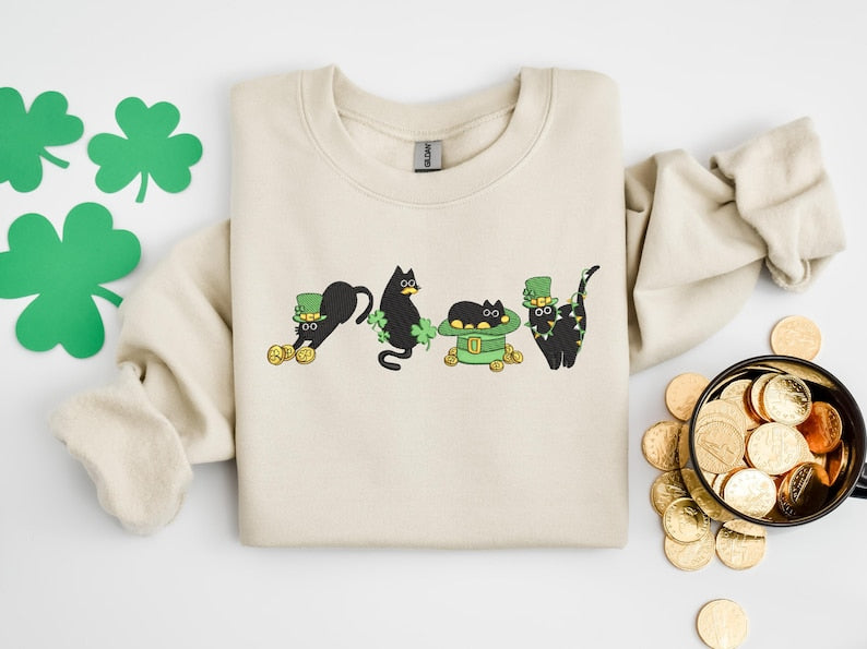 Embroidered Irish Lucky Cats Sweatshirt, Embroidery St Paddys Day Cat Lover Shirt, Lucky Irish Sweater, Cat Shamrocks T-Shirt, Irish Cat Mom