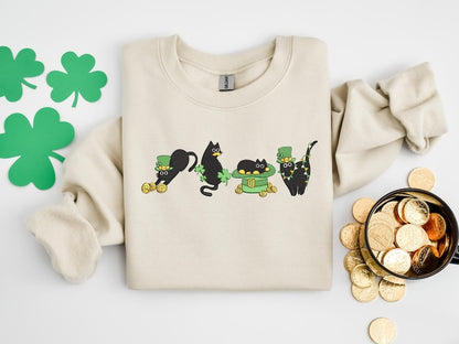 Embroidered Irish Lucky Cats Sweatshirt, Embroidery St Paddys Day Cat Lover Shirt, Lucky Irish Sweater, Cat Shamrocks T-Shirt, Irish Cat Mom