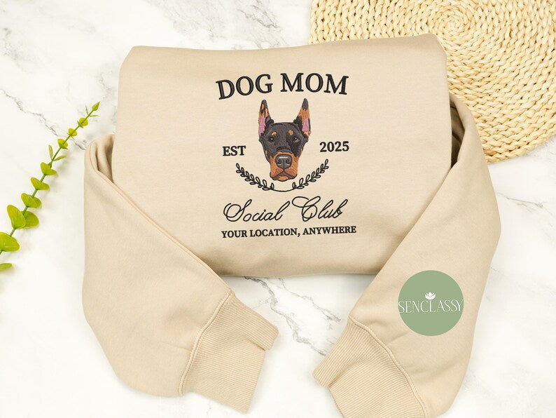 Custom Dog mom Social Club Embroidered Sweatshirt, Personalized Dog Sweater, Gift For Dog mom, Custom Dog Face Portrait, Gift for Dog Lover