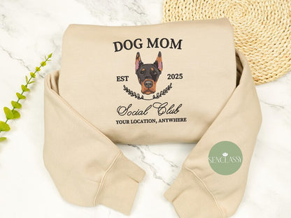 Custom Dog mom Social Club Embroidered Sweatshirt, Personalized Dog Sweater, Gift For Dog mom, Custom Dog Face Portrait, Gift for Dog Lover