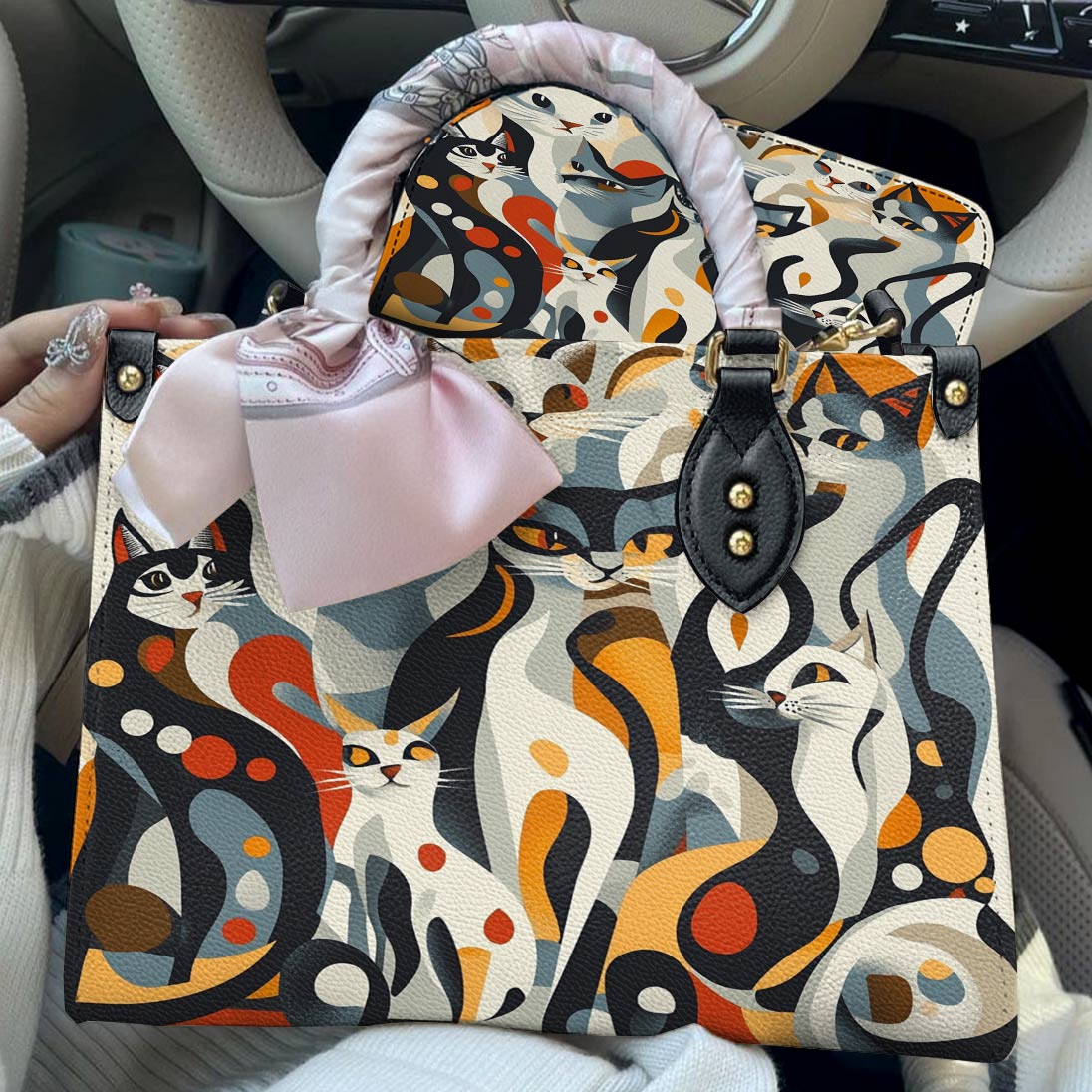 Cat Leather Bag Whimsical Geometric