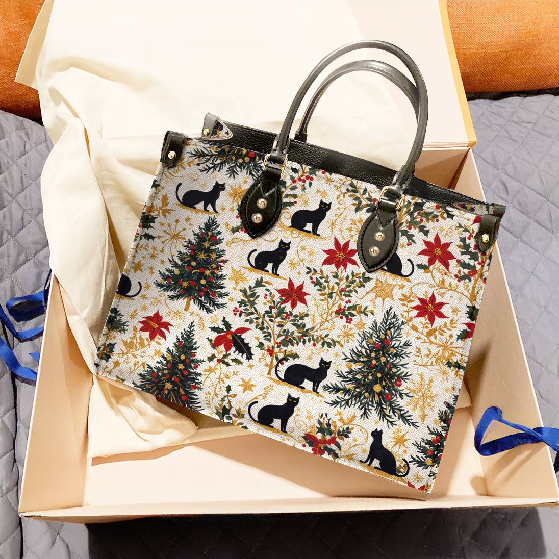 Leather Bag Gentle Black Christmas Cat